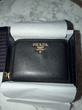 PRADA Black Saffiano Leather Zip Card Case with Gold Logo, with Box and COA Card